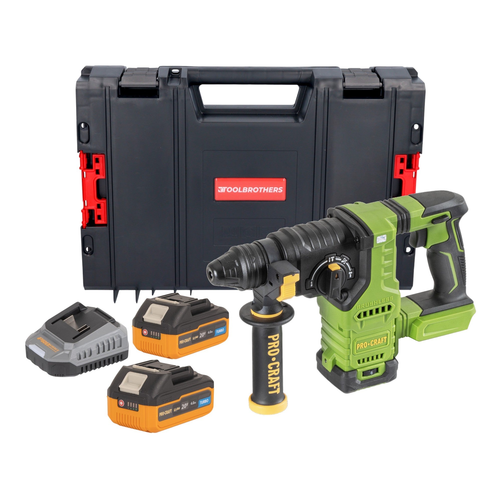 Procraft PHA30bb Akku Bohrhammer 20 V 2,8 J SDS plus Brushless + 2x Akku 4,0 Ah + Ladegerät + RHINO Toolcase