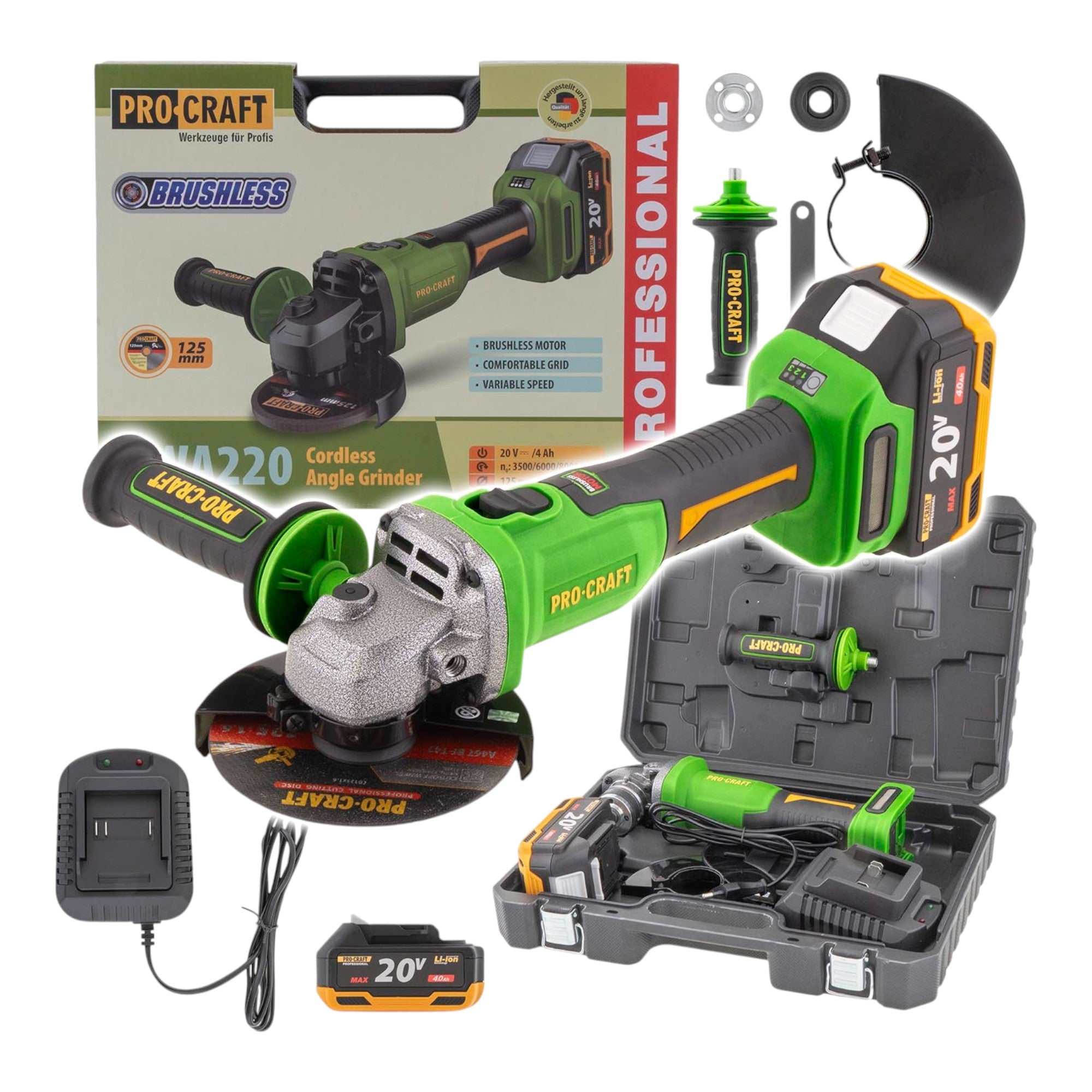 Procraft PWA220 Akku Winkelschleifer 20 V 125 mm Brushless + 1x Akku 4,0 Ah + Ladegerät + Koffer