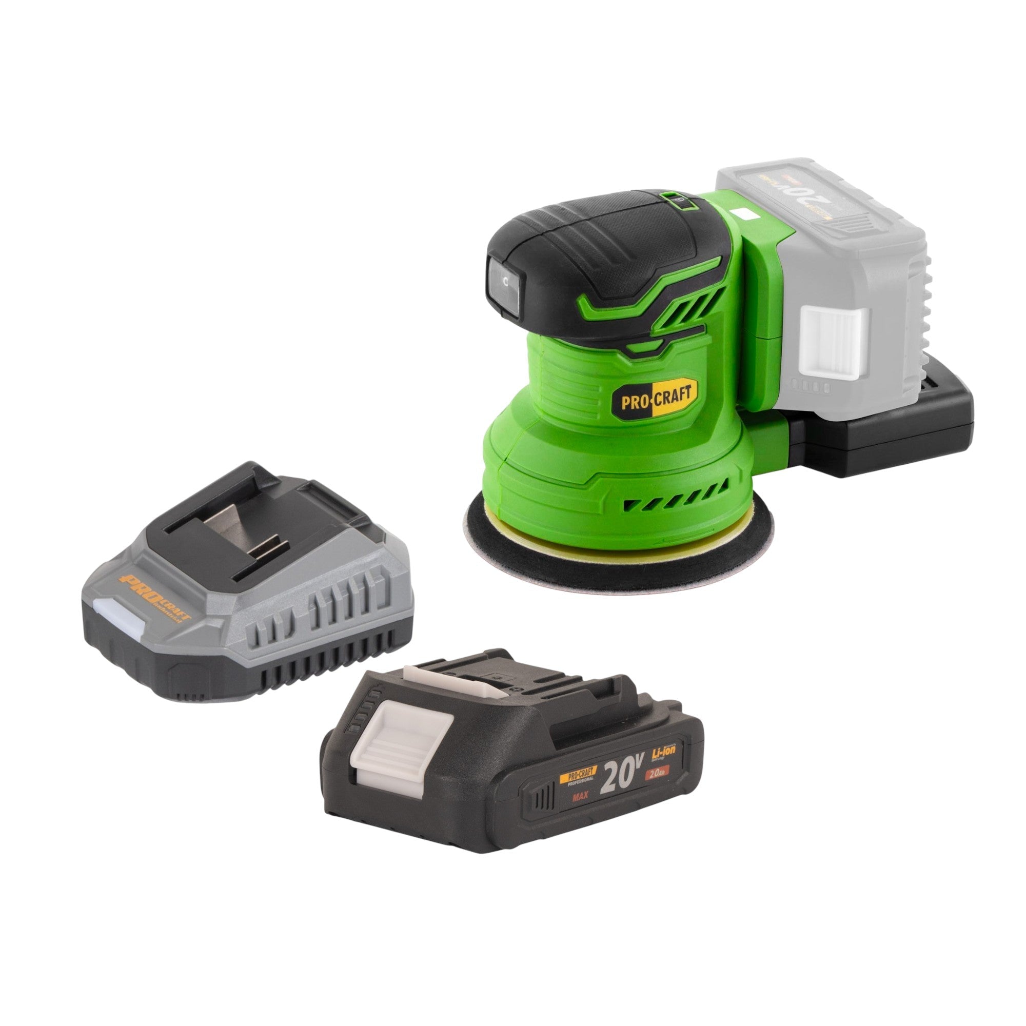 Procraft PX20BLbb Akku Exzenterschleifer 20 V 125 mm Brushless + 1x Akku 2,0 Ah + Ladegerät