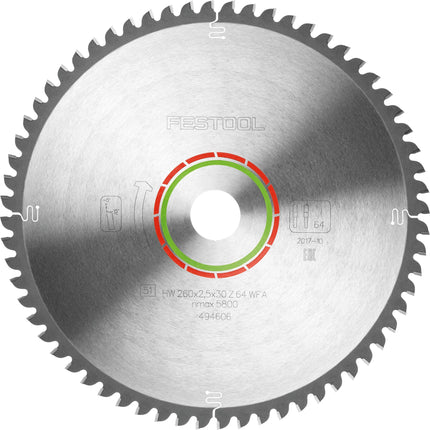 Hoja de sierra circular Festool HW 260x2,5x30 WZ/FA64 LAMINADO/HPL (494606) para KS 120, KS 88