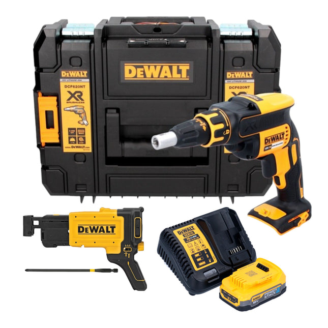 DeWalt DCF 620 E1T cordless drywall screwdriver 18 V 30 Nm brushless + 1x Powerstack battery 1.7 Ah + charger + TSTAK