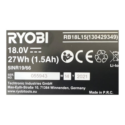 Batería recargable Ryobi RB18L15 18 V 1,5 Ah / 1500 mAh Li-Ion ONE+ ( 5133001905 ) con indicador de nivel de carga