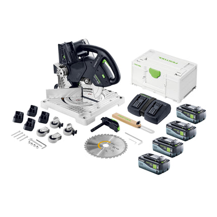 Festool SYMC 70 EB-Basic SYMMETRIC Scie à plinthes sans fil 36 V ( 2 x 18 V ) 216 mm + 4x batterie 8,0 Ah + double chargeur + Systainer
