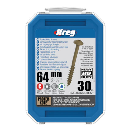 Kreg HD Protec-Kote Maxi-Loc tornillos perforadores 64 mm ( SML-C2X250-30-INT ) Rosca gruesa 30 piezas