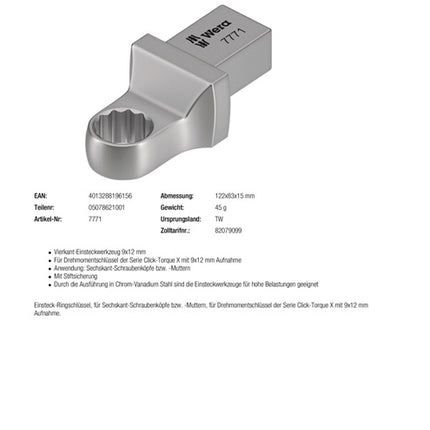 Llave de caja Wera 7771 ( 8000377411 ) Ancho de llave 8 mm 9 x 12 mm