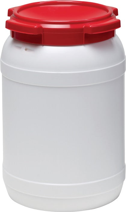 Wide-neck drum ( 9000450102 ) 20.0 l PE white with red lid Filling opening-Ø 203 mm