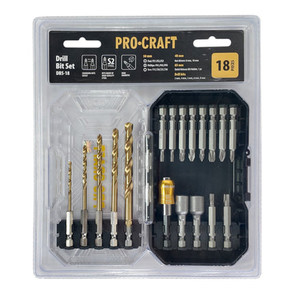 Procraft DBS 18 Bit und Bohrer Set 18 teilig S2 Stahl Phillips Pozidriv Torx 1 - toolbrothers