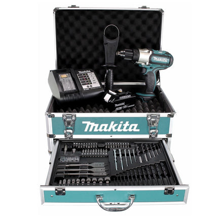 Makita DDF 451 SGX4 Perceuse-visseuse sans fil 18V 80Nm + 1x batterie 6,0Ah + chargeur + 70tlg. Jeu de forets à embouts + Coffret