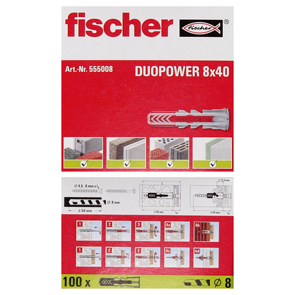 Taco de expansión Fischer DUOPOWER 8x40mm 100 piezas (555008)