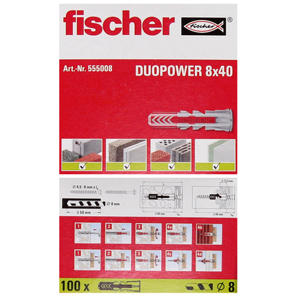 Taco de expansión Fischer DUOPOWER 8x40mm 1000 piezas (10x 555008)