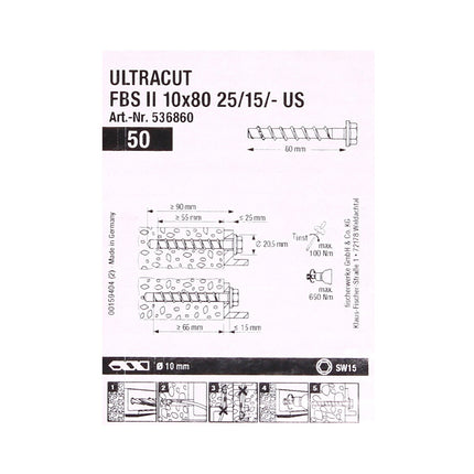 Fischer tornillos para hormigón ULTRACUT FBS II 10x80mm 25/15/- 100 piezas cabeza hexagonal SW15 (2x 536860)
