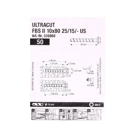 Vis à béton Fischer ULTRACUT FBS II 10x80mm 25/15/- 200 pièces tête hexagonale SW15 (553687) + Makita NEMESIS 2 SDS-Plus 10x215mm (B-58213).