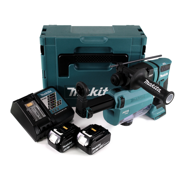 Makita DHR 182 RWTJ Tassellatore a batteria 18V / 1,7J / SDS plus + 2x Batterie 5,0 Ah + 1x Caricabatterie + Aspiratore + Makpac