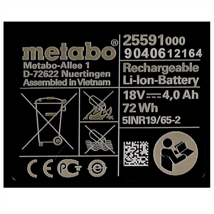 Metabo battery set 4x Li-Power battery pack 18 V 4.0 Ah CAS Li-Ion battery ( 4x 625591000 ) with charge level indicator