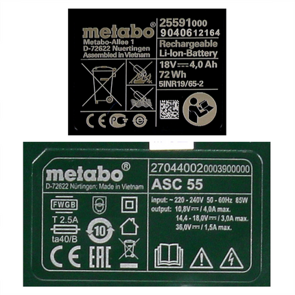 Set base Metabo 1x batteria Li-Power 18 V 4,0 Ah CAS agli ioni di litio ( 625591000 ) + caricatore ASC 55 ( 627044000 )
