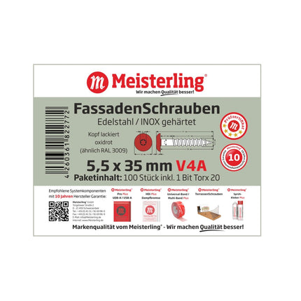 Meisterling Vis de façade 5,5x35 mm, 100 pcs., tête plate 12 mm, filetage partiel, empreinte Torx, acier inoxydable V4A, rouge oxyde (010030000171)