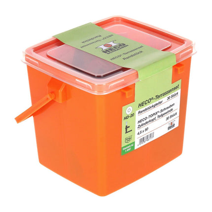 Juego de deslizadores para terraza HECO pieza de borde 30 piezas (48717) con tornillos HECO TOPIX 4,5 x 50 mm HD 20 en caja de plástico