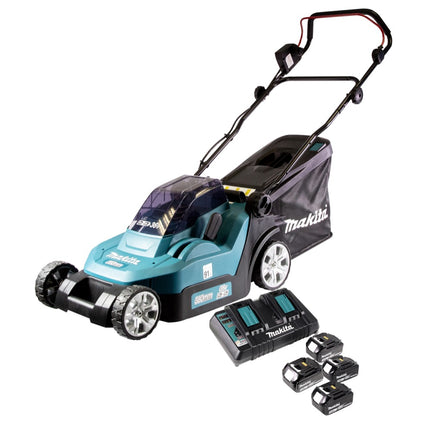 Cortacésped sin cable Makita DLM 432 PF4 36 V ( 2x 18 V ) 43 cm sin cepillos + 4x batería 3.0 Ah + cargador doble