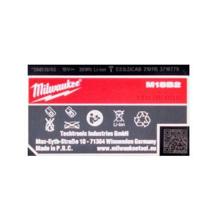 Milwaukee M18 B2 Batteries Set 2x 2,0Ah / 2000mAh - 18V RED Li-Ion (2x 4932430062)