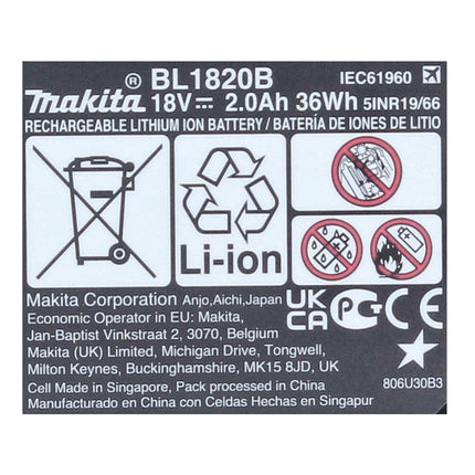 Makita BL 1820 B Batterie Li-Ion avec témoin de charge LED 18 V - 2 Ah / 2000 mAh - original, sans réplique (197254-9)