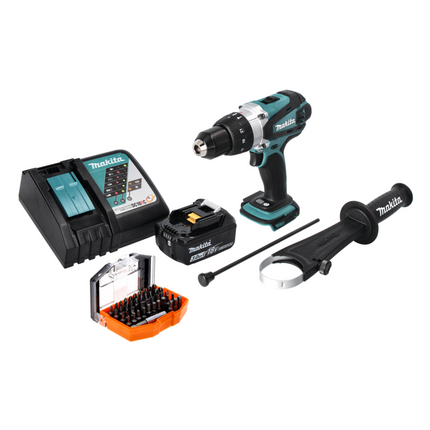 Taladro percutor inalámbrico Makita DHP 458 RF1 18 V 91 Nm + 1x batería 3,0 Ah + cargador + juego de puntas 44 piezas
