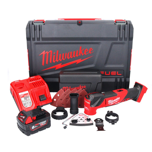 Milwaukee M18 FMT-601X FUEL multiherramienta a batería 18 V sin escobillas + 1x batería 6.0 Ah + cargador + set de accesorios 7 piezas + caja HD