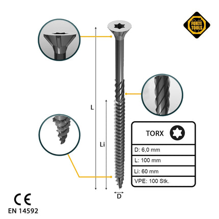 FORTE Tools Universal Holzschraube 6,0 x 100 mm T30 100 Stk. ( 000040113886 ) silber verzinkt Torx Senkkopf Teilgewinde - Toolbrothers