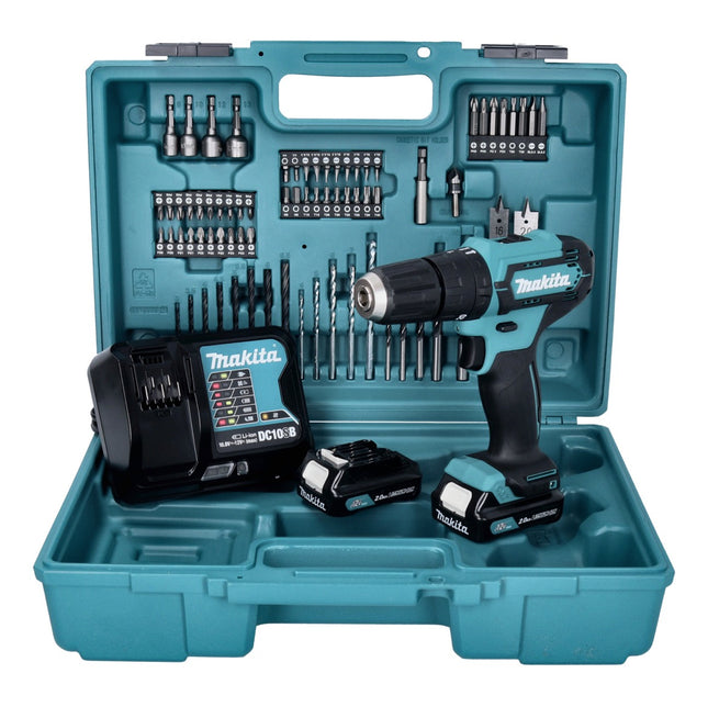 Makita HP 333 DSAX1 Perceuse-visseuse à percussion sans fil 12 V 30 Nm + 2x batterie 2,0 Ah + chargeur + 74 pcs. kit embouts et forets + coffret