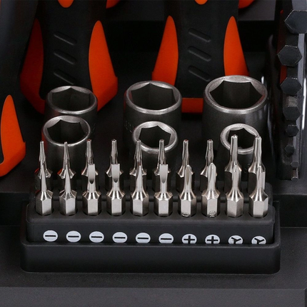 WellCut Juego de destornilladores magnéticos de 114 piezas con estante para herramientas, juego de herramientas con destornilladores/puntas/llaves Allen/enchufes (WC-SDB114S)