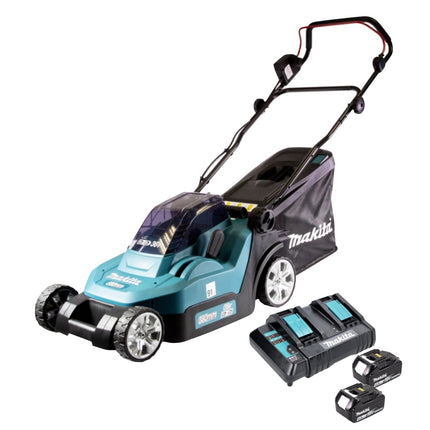 Makita DLM 382 CM2 cortacésped sin cable 36 V ( 2x 18 V ) 38 cm 40 l + 2x batería 4.0 Ah + cargador doble
