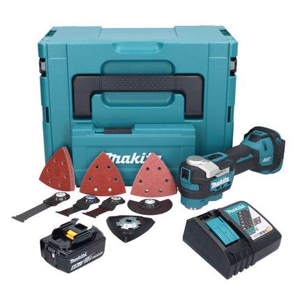Herramienta multifunción a batería Makita DTM 52 RG1JX4 18 V Starlock Max Brushless + 1x batería recargable 6,0 Ah + cargador + juego de accesorios + Makpac