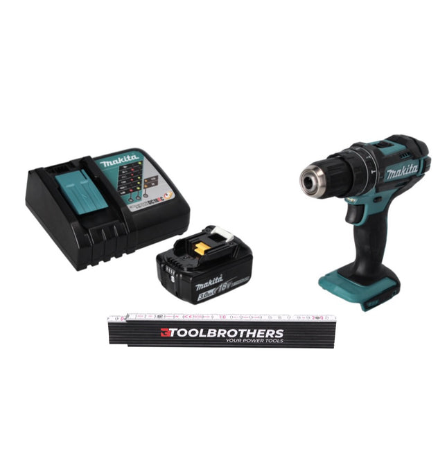 Toolbrothers Mètre pliant + DHP 482 RF1 Perceuse-visseuse à percussion sans fil 18 V 62 Nm + 1x batterie 3,0 Ah + chargeur
