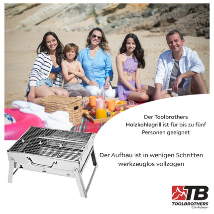 Toolbrothers Set de barbacoa de carbón de acero inoxidable portátil para camping montaje sin herramientas 43 x 29 x 23 cm plata + cubiertos de barbacoa, guantes de barbacoa y compartimentos de barbacoa 8 piezas