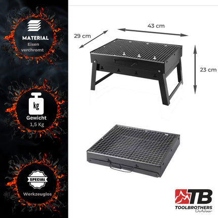 Toolbrothers Parrilla de carbón portátil de exterior para camping set de montaje sin herramientas 43 x 29 x 23 cm negro + cubiertos, guantes y tazas de parrilla 8 uds.