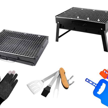 Toolbrothers Parrilla de carbón portátil de exterior para camping set de montaje sin herramientas 43 x 29 x 23 cm negro + cubiertos, guantes y tazas de parrilla 8 uds.
