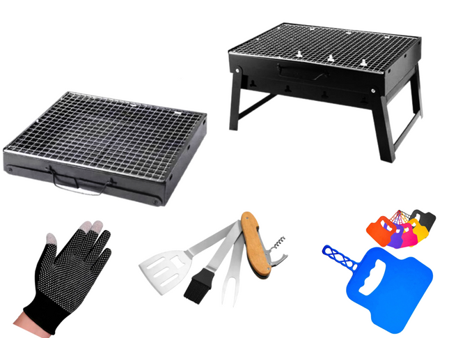 Toolbrothers Parrilla de carbón portátil de exterior para camping set de montaje sin herramientas 43 x 29 x 23 cm negro + cubiertos, guantes y tazas de parrilla 8 uds.