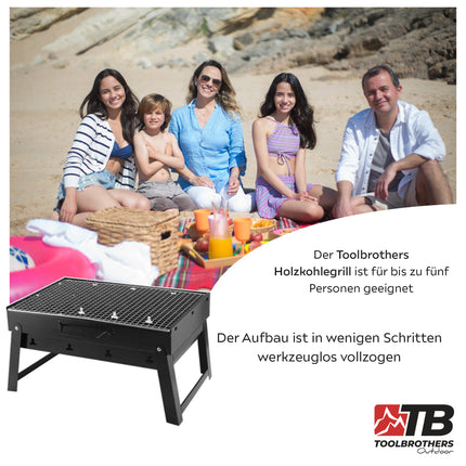 Toolbrothers Parrilla de carbón portátil de exterior para camping set de montaje sin herramientas 43 x 29 x 23 cm negro + cubiertos, guantes y tazas de parrilla 8 uds.