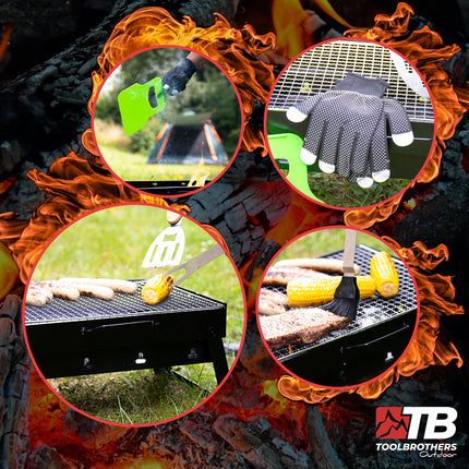 Toolbrothers Parrilla de carbón portátil de exterior para camping set de montaje sin herramientas 43 x 29 x 23 cm negro + cubiertos, guantes y tazas de parrilla 8 uds.