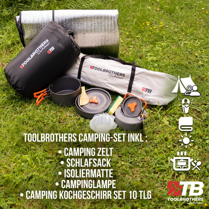 Toolbrothers Outdoor Camping-Set Tienda de campaña para 2-4 personas Tienda hidráulica con colchón aislante y equipo de camping 14 pcs.