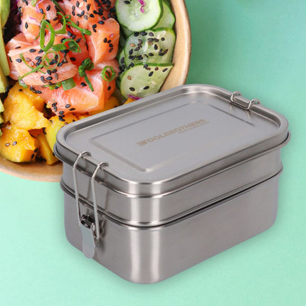 Toolbrothers Fan Breakfast box en estuche rígido con bolsa de transporte impermeable con 2 niveles y tapa de acero inoxidable 1340 ml + Botella de agua de acero inoxidable 600 ml + Cubiertos multifuncionales 4 en 1