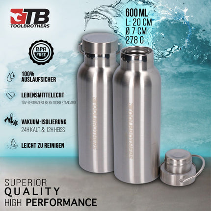 Toolbrothers Fan Breakfast box en estuche rígido con bolsa de transporte impermeable con 2 niveles y tapa de acero inoxidable 1340 ml + Botella de agua de acero inoxidable 600 ml + Cubiertos multifuncionales 4 en 1