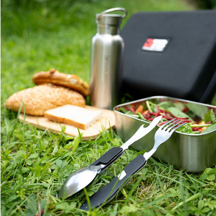 Fiambrera Toolbrothers Fan con bolsa de transporte impermeable de acero inoxidable con tapa de bambú 1200 ml + botella de agua de acero inoxidable 600 ml + cubiertos multifunción 4 en 1