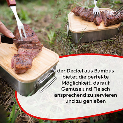 Fiambrera Toolbrothers Fan con bolsa de transporte impermeable de acero inoxidable con tapa de bambú 1200 ml + botella de agua de acero inoxidable 600 ml + cubiertos multifunción 4 en 1