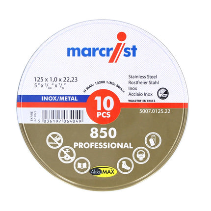 Marcrist 850 Inox Disco de corte ultrafino especial 10 piezas 115 x 1,0 x 22,23 mm ( 5007.0125.22 ) para amoladoras angulares