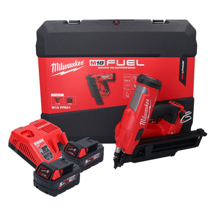 Clavadora a batería Milwaukee M18 FFN21-502C 18 V 50 - 90 mm sin escobillas + 2x baterías 5,0 Ah + cargador + maletín